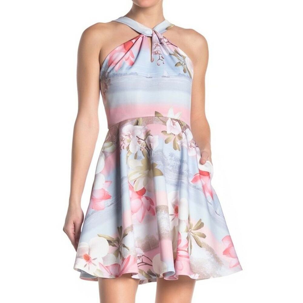 Ted Baker London Umerta Floral Skater Minidress fit n flare blue pink UK 2 US 6 - Picture 2 of 4
